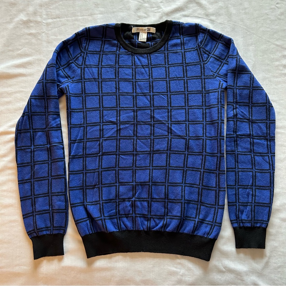 Forever 21 Blue & Black Checked Colorblock Knit Sweater Size S